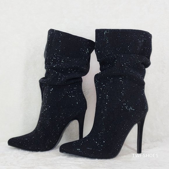 Resolve Sparkling Black Rhinestone High Heel Slouch Calf Boots New Years Bling - Picture 7 of 14